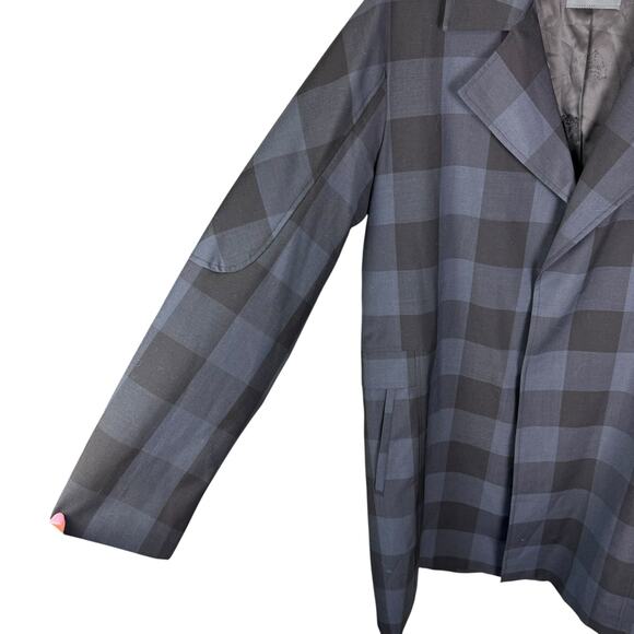 GXG Mens Navy Black Checkered Plaid Long Length Lightweight Coat w Pockets - Picture 6 of 10
